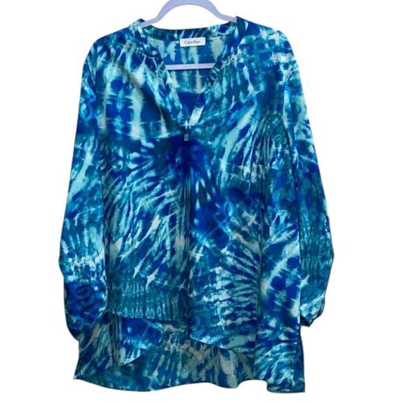 Calvin‎ Klein Blue Tie Dye Tunic Top L Roll Tab Sleeves Resort Cover-Up - Picture 1 of 13